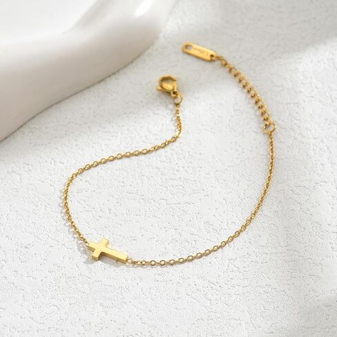 Dabovos 18K Gold Plated Cross Bracelet for Women Dainty Gold Bead Cross Bracelet for Girls Adjustable Simple Link Chain Bracelets Faith Confirmation Jewelry Gifts in Kuwait
