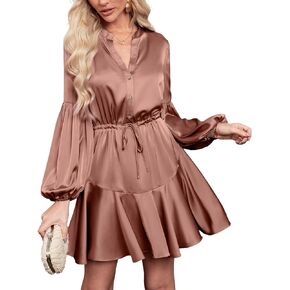 BerryGo Women's Satin Long Lantern Sleeve Ruffle V Neck Mini Dress Party Wedding Guest Cocktail Dress