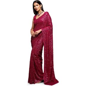 TRENDMALLS Women's Georgette Heavy Sequins Work Heavy Saree with Blouse (Latest-Sequins-Party-Saree)