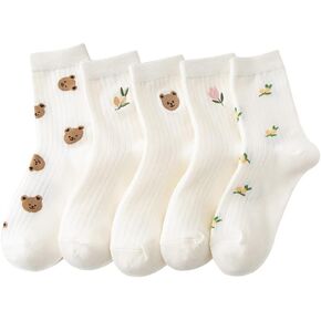 Women's 5 Pairs Bear Preppy Cute Crew Socks Kawaii Fairycore Flower Knitting Ankle Socks Cutecore Soft Cotton Socks