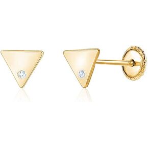 14k Yellow Gold Small Flat Triangle Earrings Stud Shiny Polished with Simulated Diamond Safety Screwback Covered Back Closure