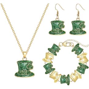 HSWE St. Patrick's Day Jewelry Set Crystal Glitter Shamrock Hat Necklace Earrings Bracelet Funny Irish Green Lucky Clover Dangle Earrings Pendant Necklace Bracelet for Women Girls Jewelry Gifts
