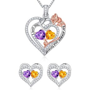 Iefil Double Birthstone Necklace and Birthstone Earrings Set
