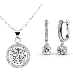 Cate & Chloe Value Bundle, Blake & Mckenzie - 18k White Gold Plated Halo Pendant Necklace and Crystal Dangle Earrings
