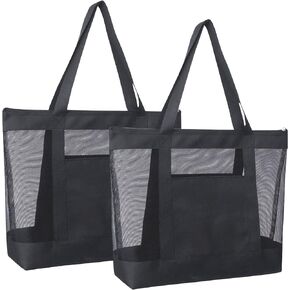 2Pack Lightweight Mesh Tote Bag,Sandproof Beach Bags with Zipper &Double Pocket For Groceries,Poolside,Travel,Towels
