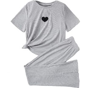 OYOANGLE Girl's 2 Piece Outfits Heart Print Short Sleeve Rib Knit Tee Top and Flare Leg Pants Set