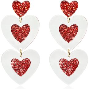 Chic Cute Clear Acrylic Triple Hearts Earrings Unique Resin Long Red Love Heart Dangle Drop Statement Earrings for Women Girls Valentine's Day Jewelry Gifts
