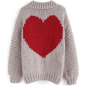 CHICWISH Women's Red Heart Shape Pattern on Back Soft Hand Knit Chunky Cardigan