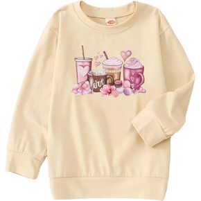 BOUTIKOME Girls Valentine's Day Sweatshirts Kids Coffee Heart Shirt Cute Long Sleeve Pullover Top Clothes 6-12 Years