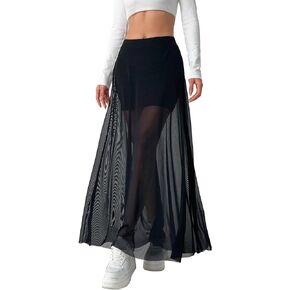 Floerns Women's Solid Basic Sheer Mesh High Stretch Skinny A Line Long Skirt