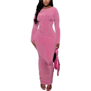 فستان Yanfoam النسائي المثير بأكمام طويلة بلون سادة ومضلع للحفلات والنوادي in Kuwait