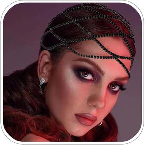 XSBODY 1920s Rhinestone Mesh Cap Headpiece for Women Girls Black Flapper Head Chain Jewelry Gatsby Cleopatra Hair Accessories