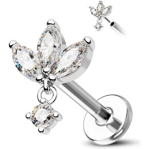 COCHARM Silver Gold Dangling Lotus Helix Tragus Earring Stud 16g 6mm Threadless Cartilage Earring Flat Back Flower Helix Cartilage Piercing Short Bar Helix Jewelry