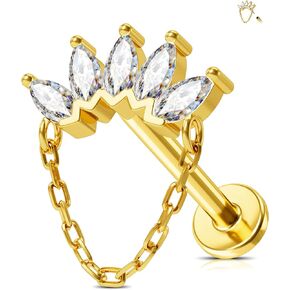 Jewseen 14K Gold Flat Back Stud Earrings Crown Cartilage Studs Top Push In Threadless Nose Lip Stud Titanium Chain Helix Conch Tragus Piercing Jewelry for Women Men