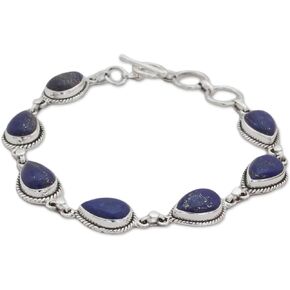 NOVICA Artisan Handmade Lapis Lazuli Link Bracelet .925 Sterling Silver from India Blue Birthstone 'Caressing Rain in Blue'
