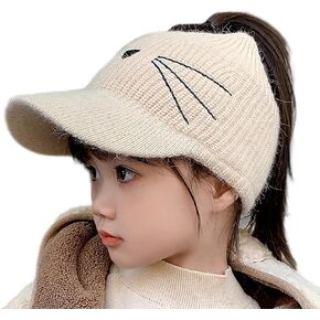 Vikodah Messy-Bun Ponytail-Knit-Visor Beanie-Hat for Littles Girls 2 to 7 Years Outdoor Warm Basball-Cap