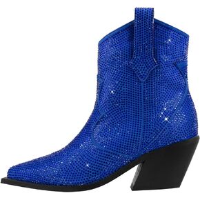 onlymaker Women's Rhinestone Cowboy Ankle Booties Pointed Toe Studded Pull On Chunky Stacked Heel Cowgirl Western Boots