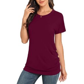 Womens 2024 Casual Summer Short Sleeve Tunic Tops Crew Neck T Shirts with Side Button