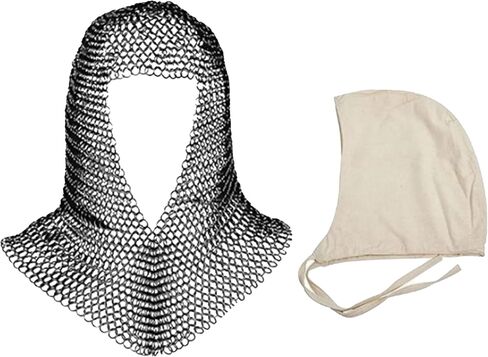 Mythrojan Chainmail Coif مع قبعة من قماش القطن | غطاء محرك السيارة البريدي من سلسلة العصور الوسطى درع الفايكنج LARP مقاس 16 باللون الفضي والقرون الوسطى مقاس كبير من القماش الخفيف غطاء ناعم قوي 100% قطن زي القرون الوسطى in Kuwait