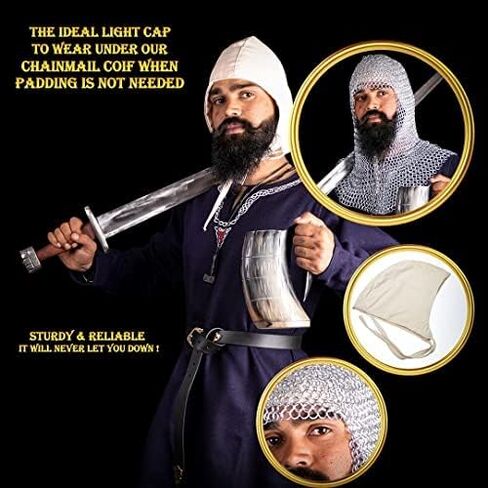 Mythrojan Chainmail Coif مع قبعة من قماش القطن | غطاء محرك السيارة البريدي من سلسلة العصور الوسطى درع الفايكنج LARP مقاس 16 باللون الفضي والقرون الوسطى مقاس كبير من القماش الخفيف غطاء ناعم قوي 100% قطن زي القرون الوسطى in Kuwait