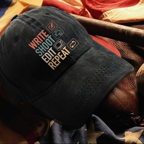 Write Shoot Edit Repeat Adjustable Washed Cotton Baseball Cap, Funny Retro Trucker Hat for Men Women Filmmaker Producer Vlogger Journalist Film School Student, Birthday Filmmaking Gift in Saudi Arabia