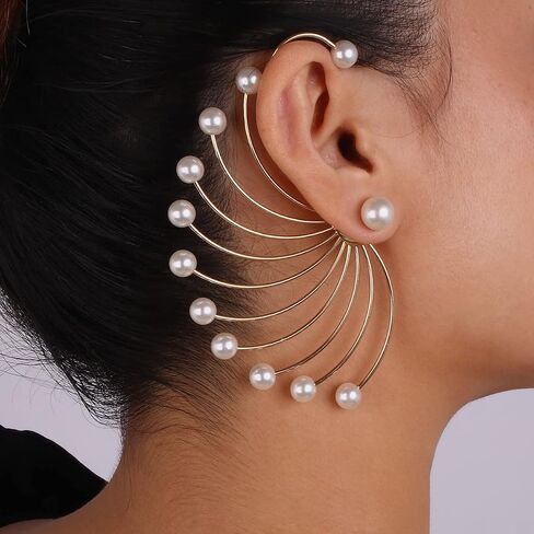 Jumwrit Big Pearl Ear Jacket Earrings Front Back Earrings Peacock Shape Earrings Gold Chain Earrings Pearl Stud Earrings for Women Girls in Saudi Arabia