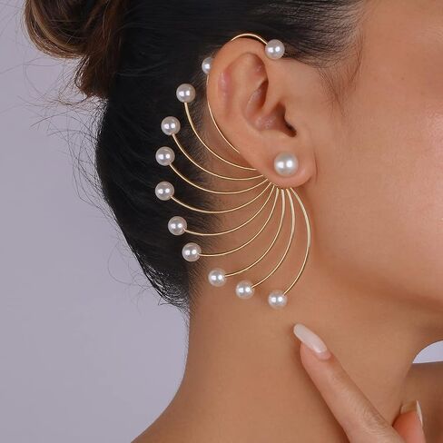 Jumwrit Big Pearl Ear Jacket Earrings Front Back Earrings Peacock Shape Earrings Gold Chain Earrings Pearl Stud Earrings for Women Girls in Saudi Arabia