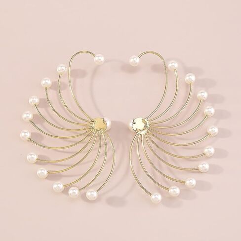 Jumwrit Big Pearl Ear Jacket Earrings Front Back Earrings Peacock Shape Earrings Gold Chain Earrings Pearl Stud Earrings for Women Girls in Saudi Arabia