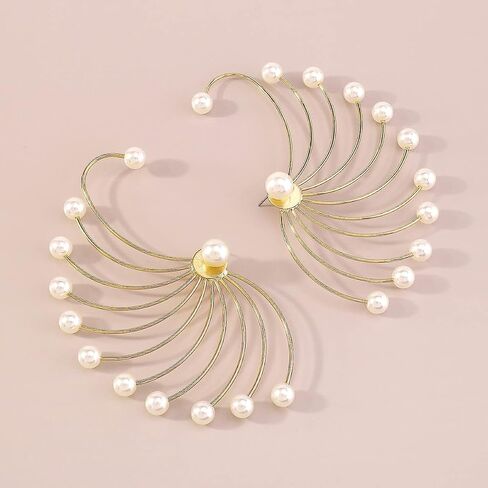 Jumwrit Big Pearl Ear Jacket Earrings Front Back Earrings Peacock Shape Earrings Gold Chain Earrings Pearl Stud Earrings for Women Girls in Saudi Arabia