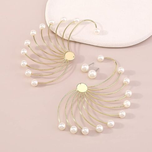 Jumwrit Big Pearl Ear Jacket Earrings Front Back Earrings Peacock Shape Earrings Gold Chain Earrings Pearl Stud Earrings for Women Girls in Saudi Arabia