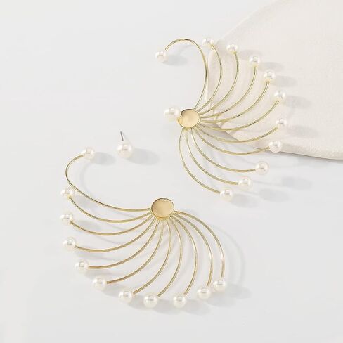 Jumwrit Big Pearl Ear Jacket Earrings Front Back Earrings Peacock Shape Earrings Gold Chain Earrings Pearl Stud Earrings for Women Girls in Saudi Arabia