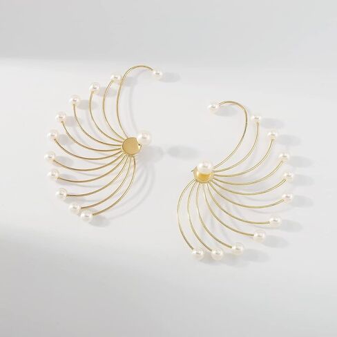Jumwrit Big Pearl Ear Jacket Earrings Front Back Earrings Peacock Shape Earrings Gold Chain Earrings Pearl Stud Earrings for Women Girls in Saudi Arabia