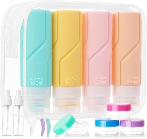 16 عبوة من زجاجات السفر، حاويات سفر من السيليكون مضادة للتسرب معتمدة من إدارة أمن المواصلات الأمريكية لمستلزمات الاستحمام، زجاجات أدوات الزينة للسفر، أساسيات السفر السائلة القابلة لإعادة الملء لوشن الشامبو والبلسم in Kuwait