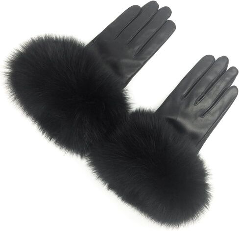 Winter Women's Lambskin Leather Gloves with Fox Fur Trim Multicolor in Saudi Arabia
