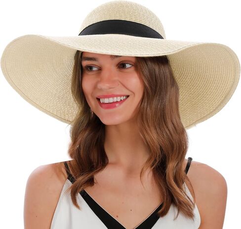 Verabella Sun Hats for Women UV Protection Wide Brim UPF 50 Foldable Floppy Straw Beach Hat with Strap in Saudi Arabia