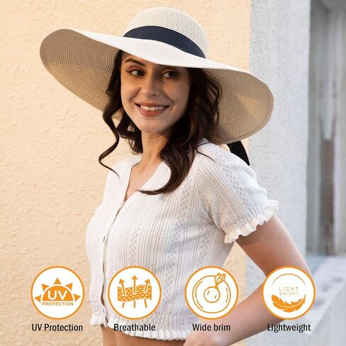 Verabella Sun Hats for Women UV Protection Wide Brim UPF 50 Foldable Floppy Straw Beach Hat with Strap in Saudi Arabia