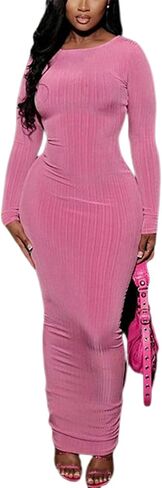 Yanfoam Women's Sexy Bodycon Long Sleeve Solid Color Ribbed Party Club Basic Maxi Dress in Saudi Arabia