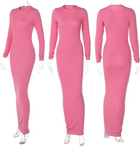 Yanfoam Women's Sexy Bodycon Long Sleeve Solid Color Ribbed Party Club Basic Maxi Dress in Saudi Arabia