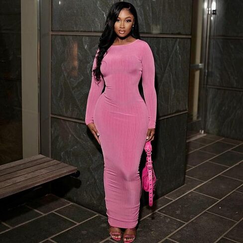 فستان Yanfoam النسائي المثير بأكمام طويلة بلون سادة ومضلع للحفلات والنوادي in Kuwait