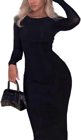 Yanfoam Women's Sexy Bodycon Long Sleeve Solid Color Ribbed Party Club Basic Maxi Dress in Saudi Arabia