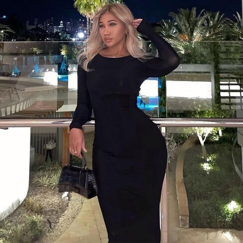 Yanfoam Women's Sexy Bodycon Long Sleeve Solid Color Ribbed Party Club Basic Maxi Dress in Saudi Arabia