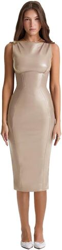 Sleeveless PU Sheath Dress Faux Leather Bodycon Midi Pencil Dress in Saudi Arabia