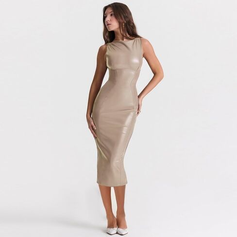 Sleeveless PU Sheath Dress Faux Leather Bodycon Midi Pencil Dress in Saudi Arabia