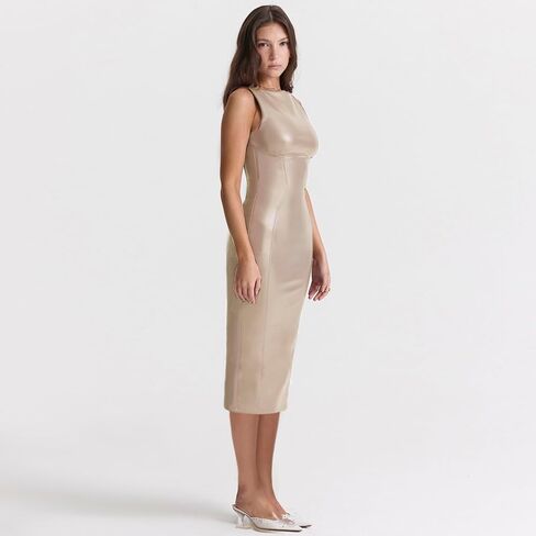 Sleeveless PU Sheath Dress Faux Leather Bodycon Midi Pencil Dress in Saudi Arabia