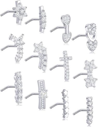 Akeoqi 12 قطعة 20 جرام الأنف ترصيع الأنف الدائري مطعمة مكعب زركونيا L على شكل ترصيع لوتس نجمة القلب فراشة الأنف الأنف ثقب المجوهرات للنساء الشظية الذهب لهجة in Kuwait