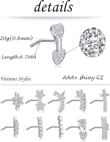 Akeoqi 12 قطعة 20 جرام الأنف ترصيع الأنف الدائري مطعمة مكعب زركونيا L على شكل ترصيع لوتس نجمة القلب فراشة الأنف الأنف ثقب المجوهرات للنساء الشظية الذهب لهجة in Kuwait