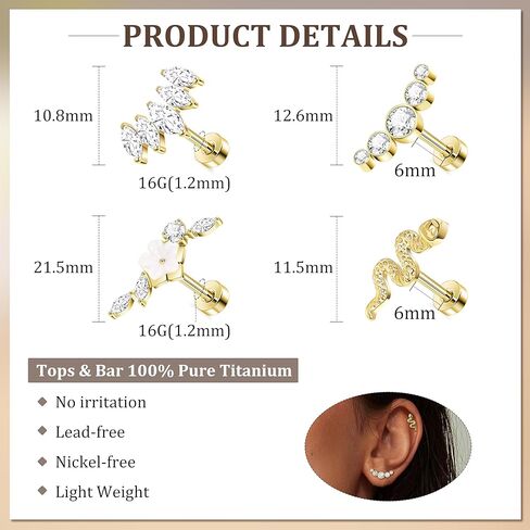 LOAYHOAY 4 قطع 16G G23 أقراط الغضروف التيتانيوم للنساء النقي التيتانيوم المسطح الخلفي الحلزون أقراط للأذن الحساسة زهرة الأفعى الغضروف الحلزون القرط ترصيع محارة ثقب المجوهرات 6 مم in Kuwait