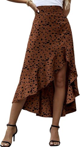 LYANER Women's Floral Printed Split High Low Ruffle Hem Elastic Waist Midi Skirt in Saudi Arabia
