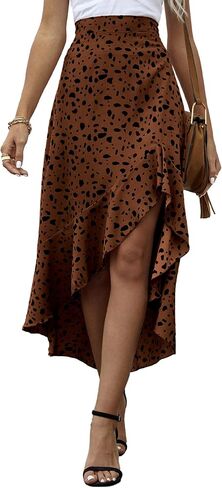 LYANER Women's Floral Printed Split High Low Ruffle Hem Elastic Waist Midi Skirt in Saudi Arabia