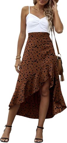 LYANER Women's Floral Printed Split High Low Ruffle Hem Elastic Waist Midi Skirt in Saudi Arabia